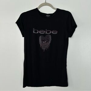 BEBE Womens black Studded Logo Short Sleeve Shirt
